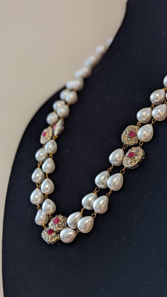 Navya Long Kundan Necklace - Pearl White