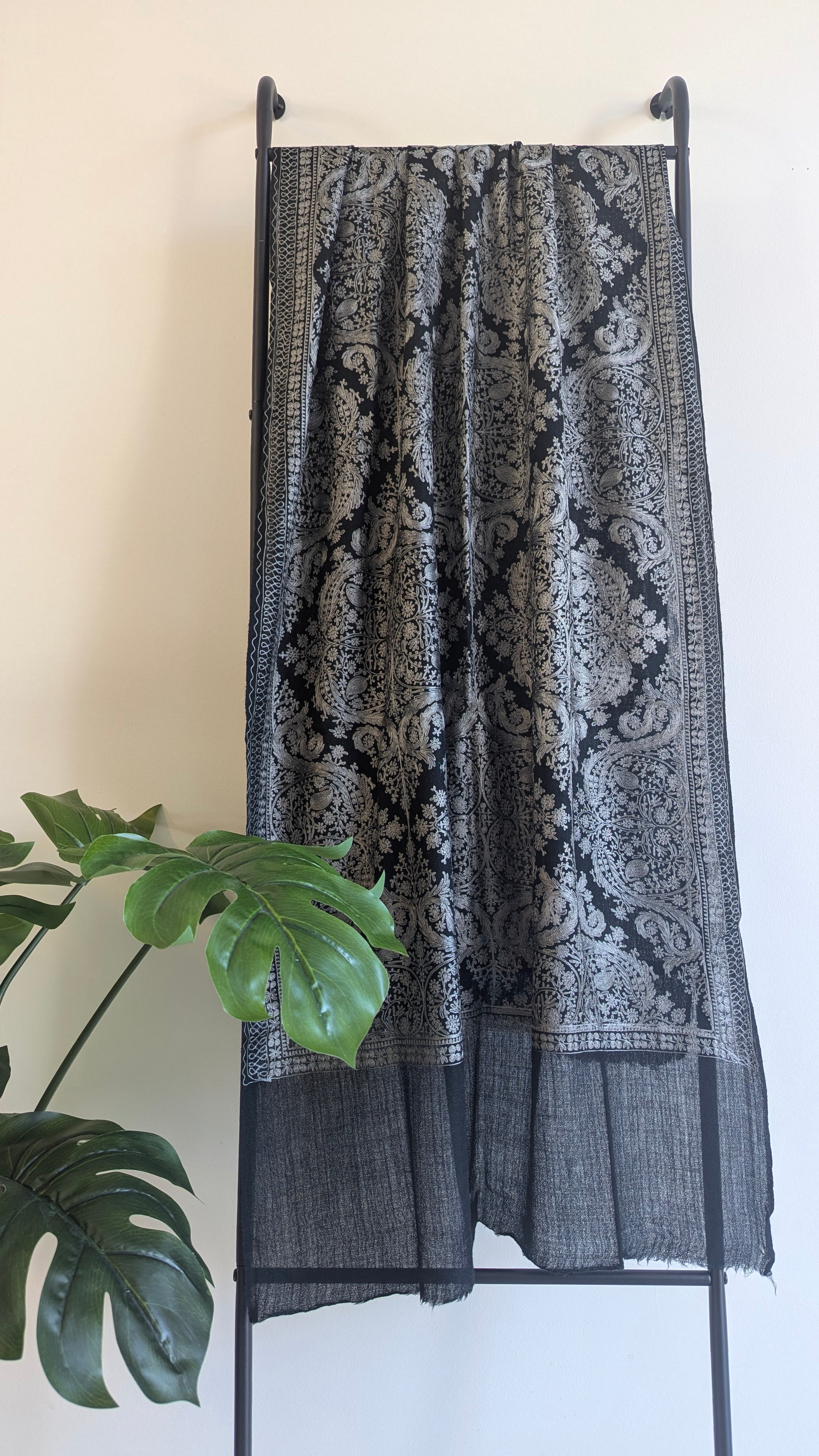 Black color Pure Pashmina shawl with intricate threadwork embroidery. Perfect for both men & women. Gift options, handmade shawls, Indian shawl. Perfect for gifting. Christmas gift, Eid gift. Gifts for women in Ajax