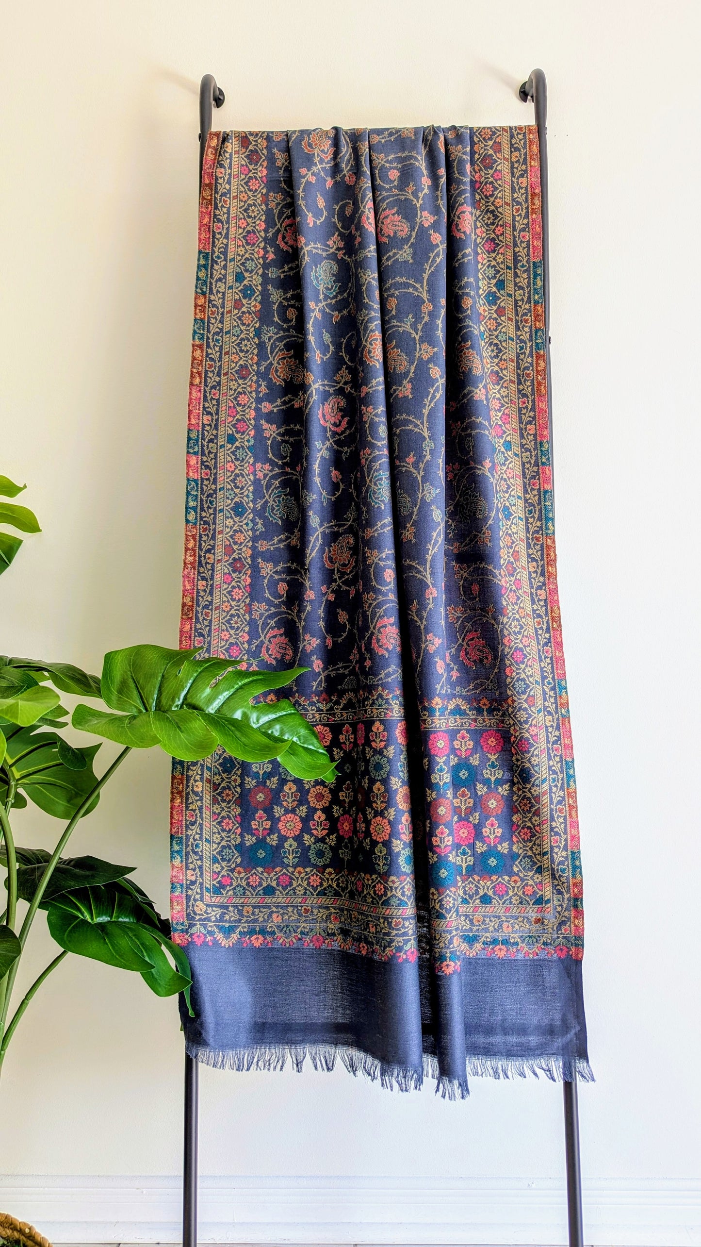 Handmade Pashmina shawls from Kashmir in kani design, very classy and warm blue color. Great gift for parents, mothers, mother in law (MIL). Very high quality shawl available in different sizes only at Sufna Canada