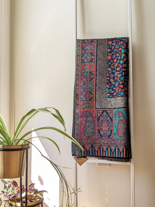 winter shawl, shawl, Kashmiri Shawl, blue shawl, floral print shawl