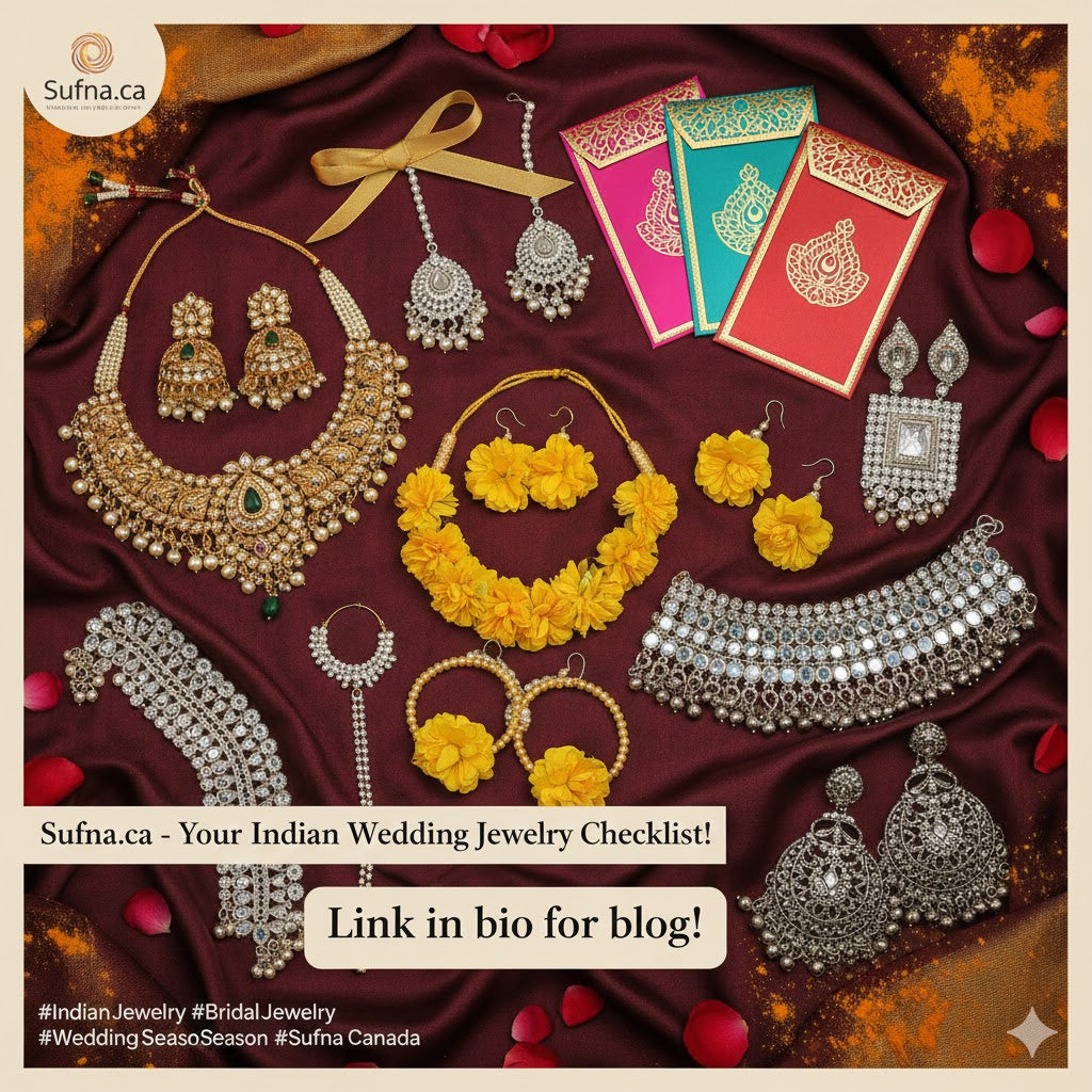 Indian wedding jewelry checklist including haldi floral sets, bridal kaleere, and shagun envelopes from Sufna.ca Ajax, Toronto GTA