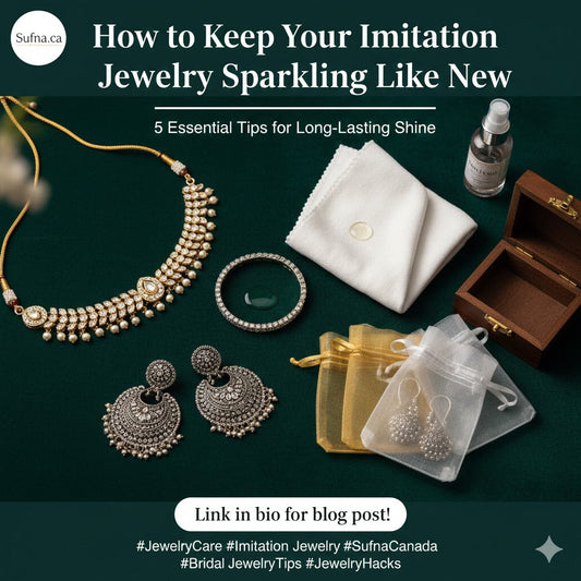 Expert care for Indian jewelry: A soft microfiber cloth cleaning a Kundan necklace next to airtight storage pouches and a velvet jewelry box to prevent tarnishing