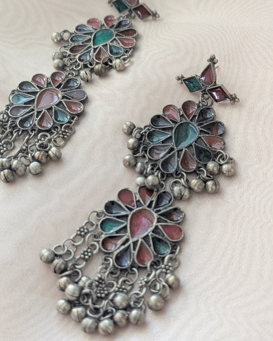 Long statement afghani earrings in oxidized silver dark polish with blue & red enamel work. Pick-up in Ajax Ontario. Worldwide shipping available. Perfect for wedding, festival jewelry, indian Jewelry, kids jewelry, kundan jewelry, gifting, costume jewelry, fashion jewelry, Eid, onam, Diwali, karwachauth, navratri. Free shipping available. Jewelry for women.