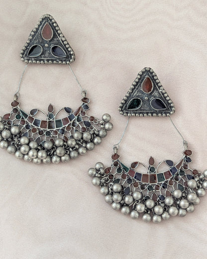 Long statement afghani earrings in oxidized silver dark polish with blue & red enamel work. Pick-up in Ajax Ontario. Worldwide shipping available. Perfect for wedding, festival jewelry, indian Jewelry, kids jewelry, kundan jewelry, gifting, costume jewelry, fashion jewelry, Eid, onam, Diwali, karwachauth, navratri. Free shipping available. Jewelry for women.