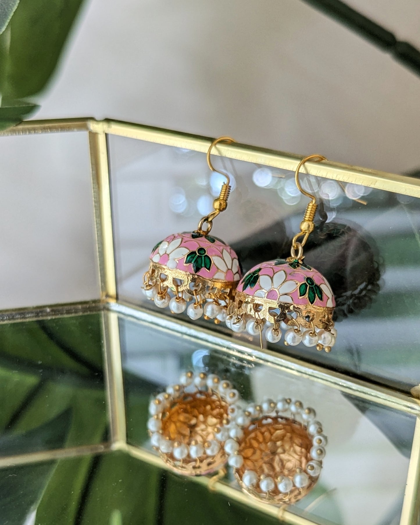 Meenakari Jhumki - White, Pink & Green
