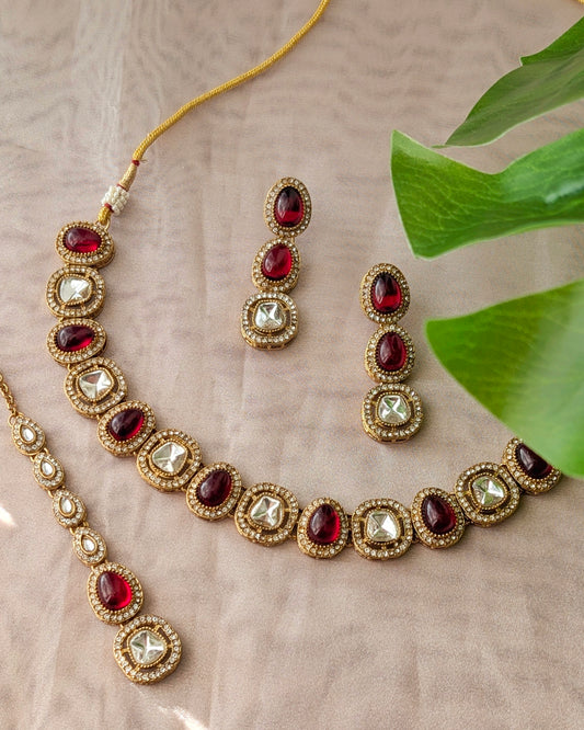 Naira Kundan Polki Necklace - Red