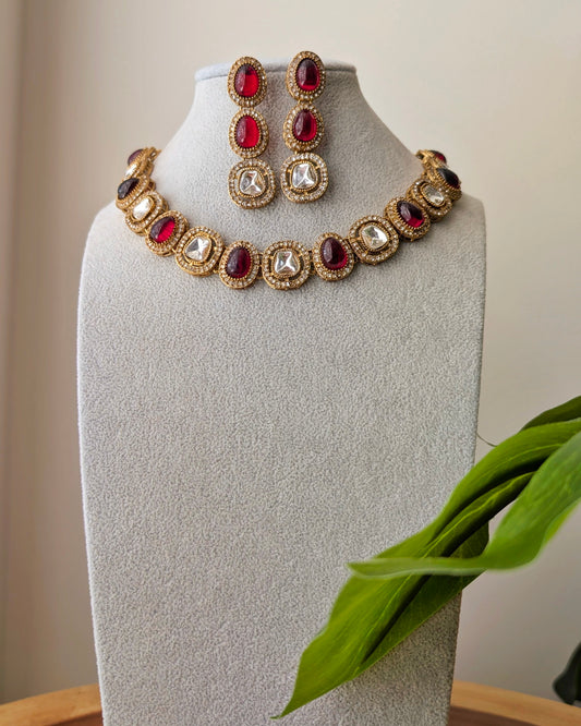 Naira Kundan Polki Necklace - Red