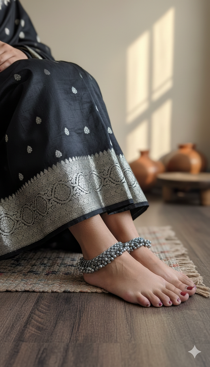 Oxidized Silver Ghungroo Statement Anklets