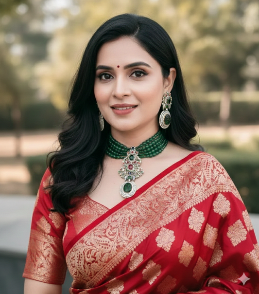 Premium Green Beads Choker with Earrings