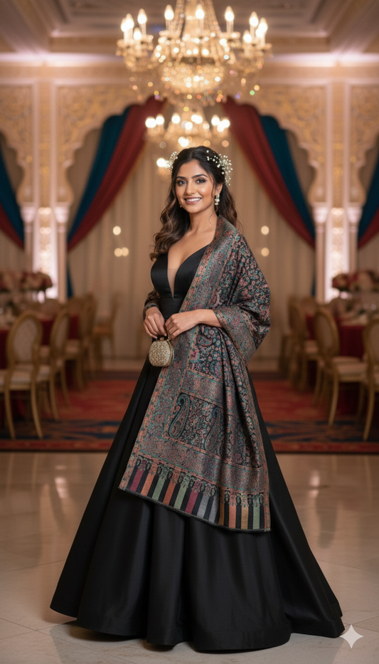 Unisex Semi Pashmina Woolen Kani Silk Lohi - Black