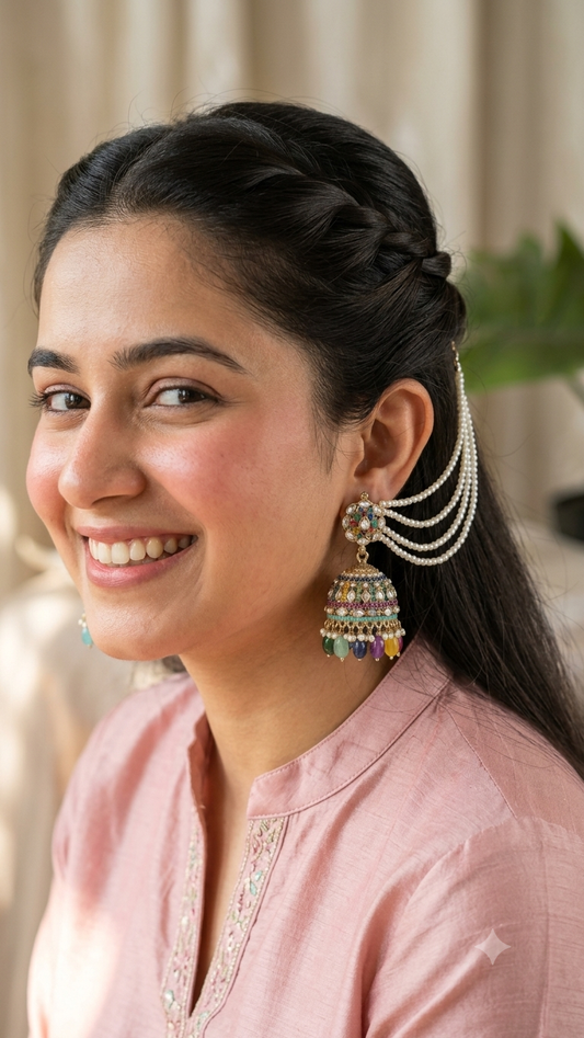 Juhi Multicolored Jadau Jhumka with Earchain