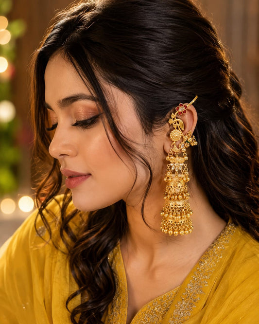 Pink & Green Earcuff Kashmiri Ghungroo Layered Jhumka Earrings