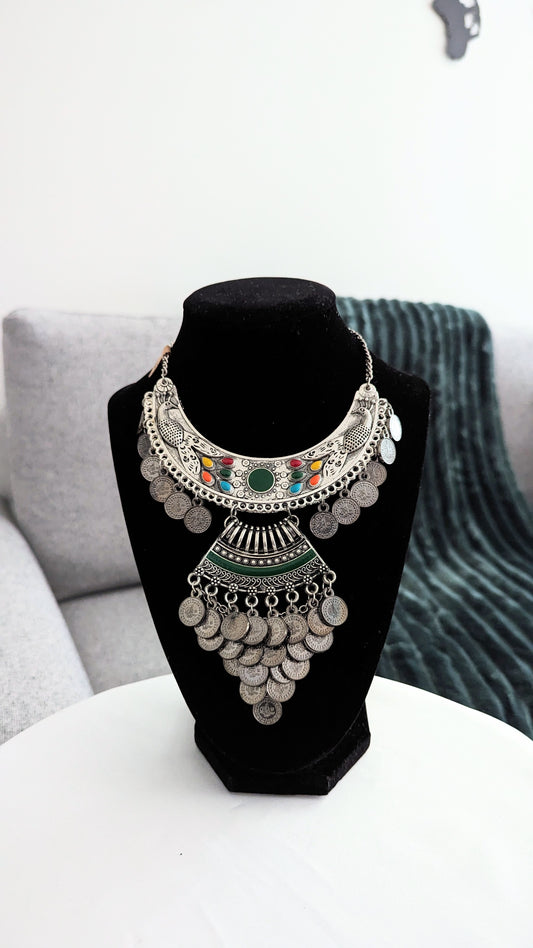 Long Afghani multicolor necklace in oxidized silver. Available in statement orange color as well!