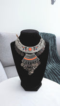 Load image into Gallery viewer, Long Afghani necklace in oxidized silver. Available in statement orange color as well!
