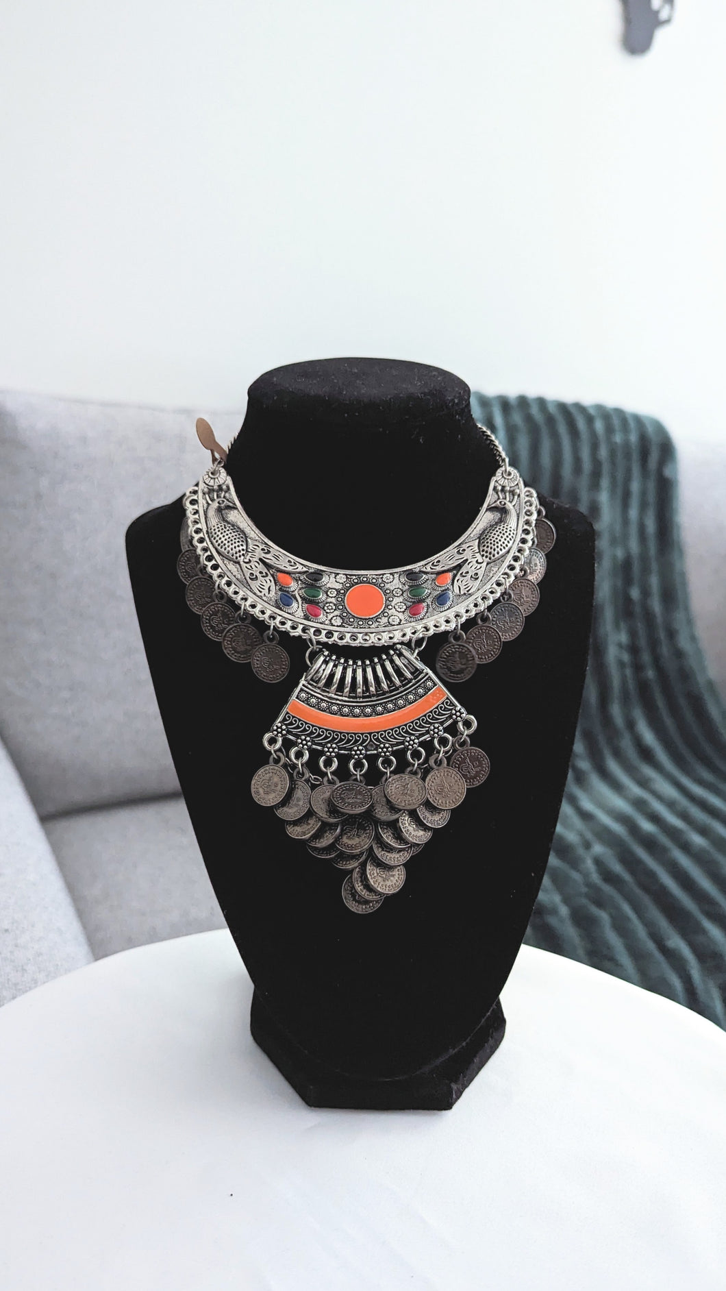 Long Afghani necklace in oxidized silver. Available in statement orange color as well!