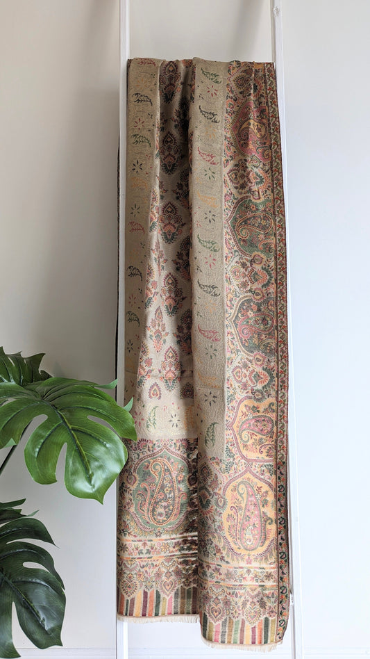premium quality Kani Pashmina shawl in beige color with multicolor weave design. Available for pick-up in Ajax, Ontario with worldwide shipping available.