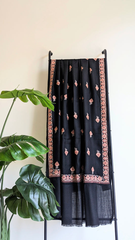Black Pashmina shawl with intricate embroidery. Perfect for both men & women. Gift options, handmade shawls, Indian shawl. Perfect for gifting. Christmas gift, Eid gift.