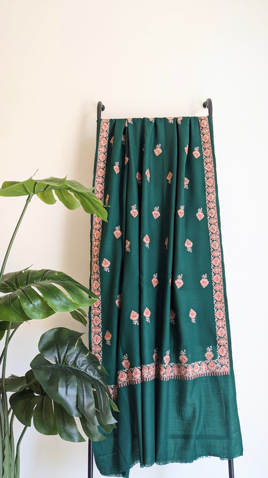 Green Pashmina shawl with intricate zari embroidery. Perfect for both men & women. Gift options, handmade shawls, Indian shawl. Perfect for gifting. Christmas gift, Eid gift.