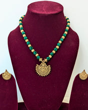 Load image into Gallery viewer, Temple jewelry. Medium length green silk threads necklace with laxmi/lakshmi pendant and earrings.
