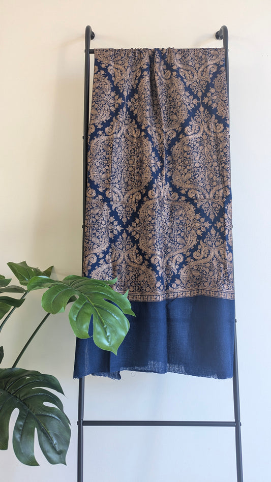 Blue color Pure Pashmina shawl with intricate Aari threadwork embroidery. Perfect for both men & women. Gift options, handmade shawls, Indian shawl. Perfect for gifting. Christmas gift, Eid gift. Gifts for women in Ajax