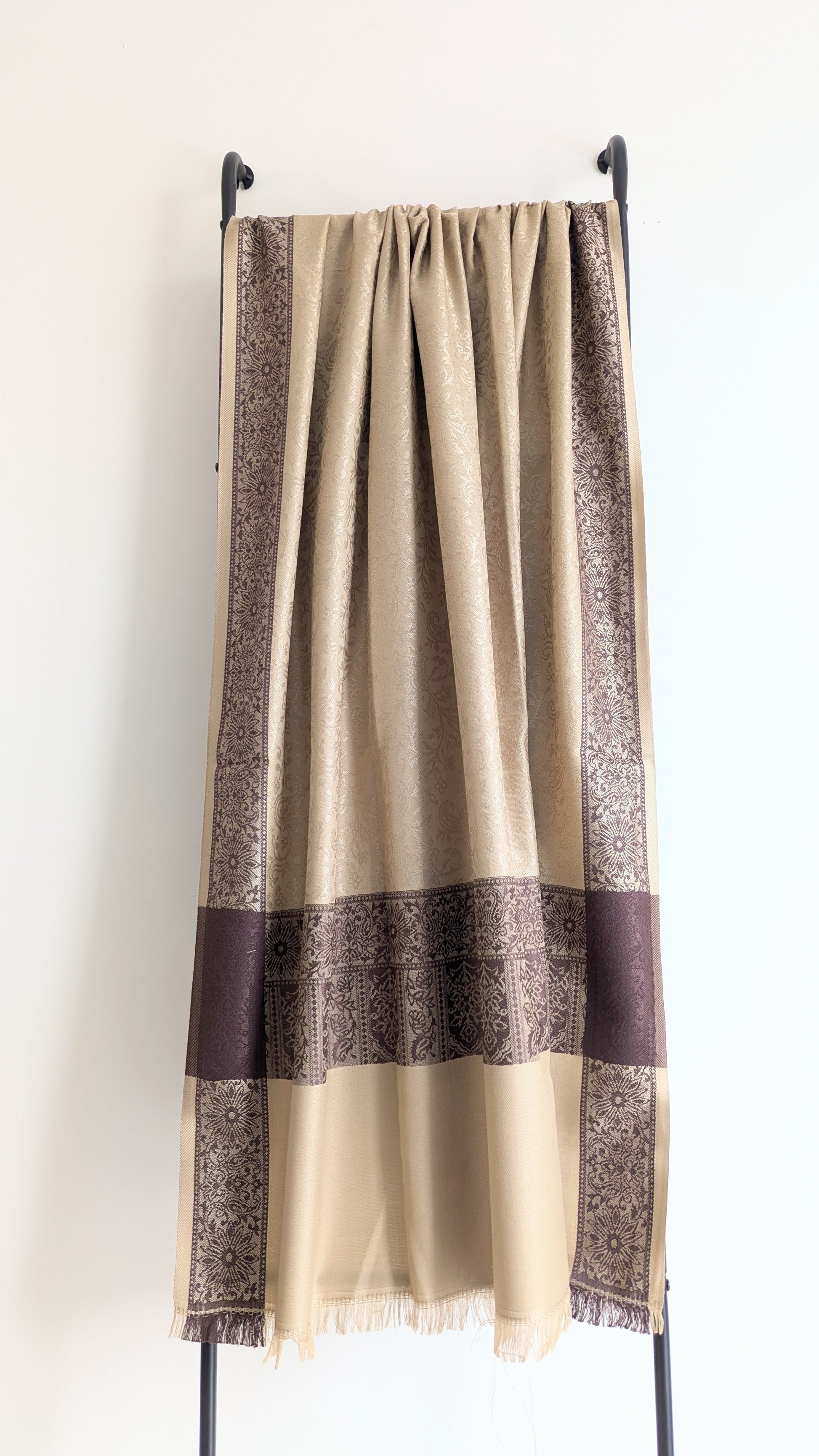 Economic Handmade Pashmina shawls from Kashmir in a classy brown color with beautiful hand done thread work with brown thread. Great gift for parents, mothers, mother in law (MIL). Very high quality shawl available in different sizes only at Sufna Canada Ajax GTA Toronto Ontario