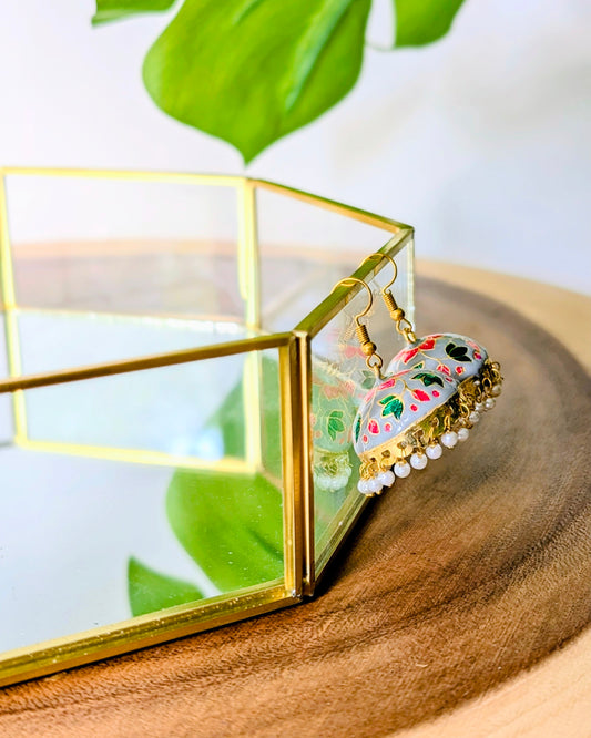 Meenakari Jhumki - Gray, Pink & Green