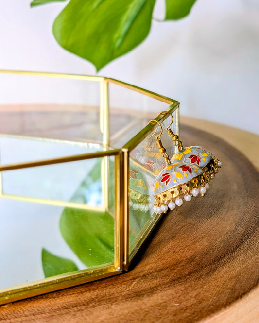 Meenakari Jhumki - Gray, Yellow & Red