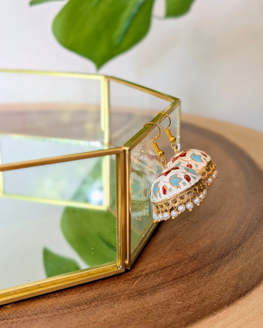Meenakari Jhumki - White, Blue & Red