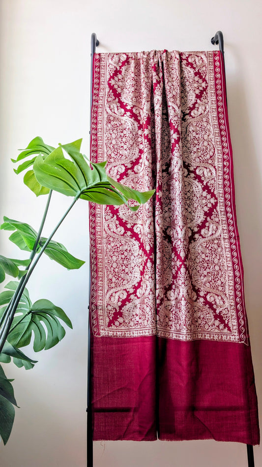 Cashmere Nalki Embroidery Stole - Maroon