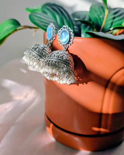 Oxidized Silver Mint Blue Jhumka