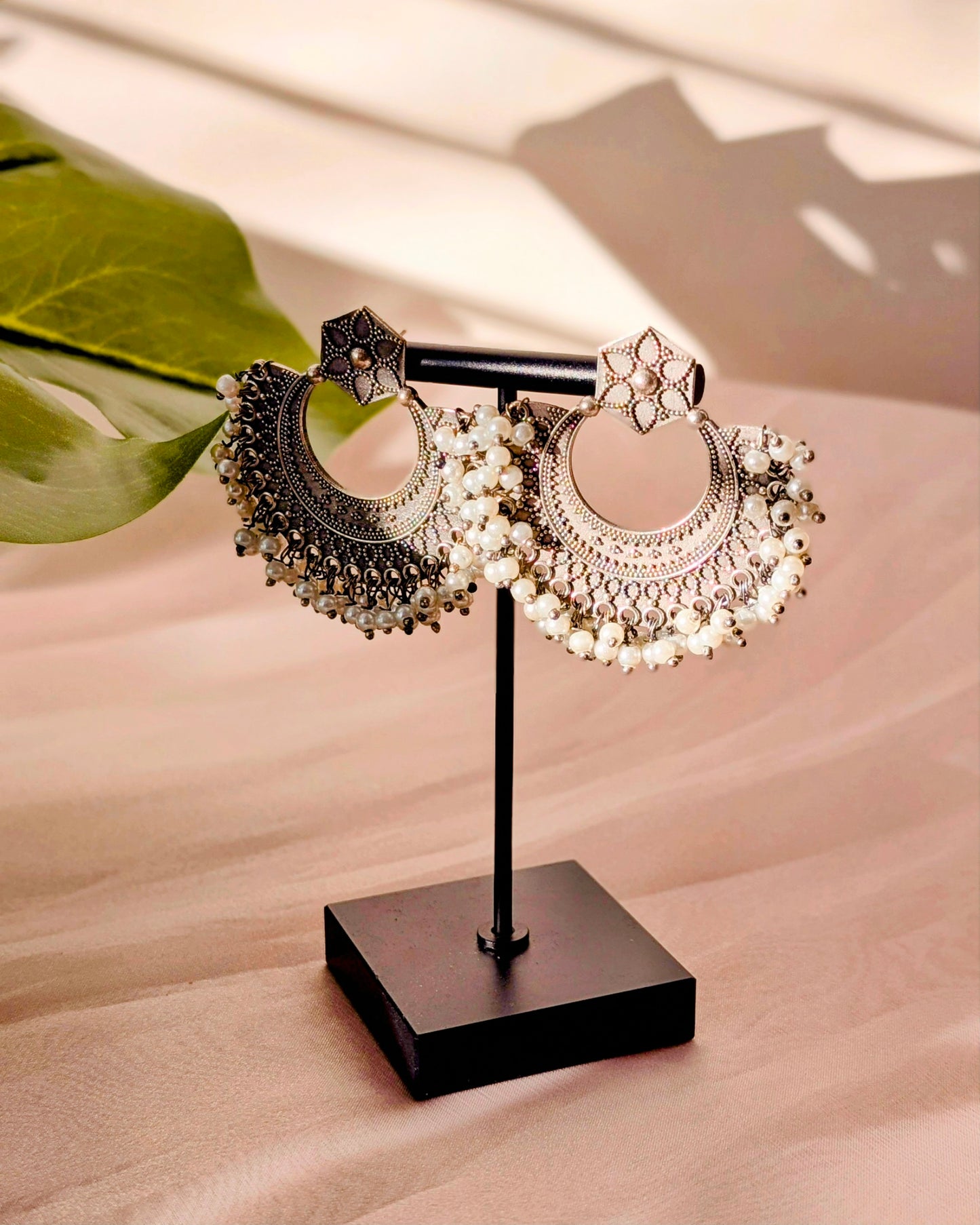 Gurnoor Oxidized Silver Pearl Chandbali