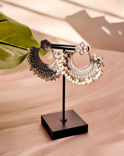 Gurnoor Oxidized Silver Pearl Chandbali