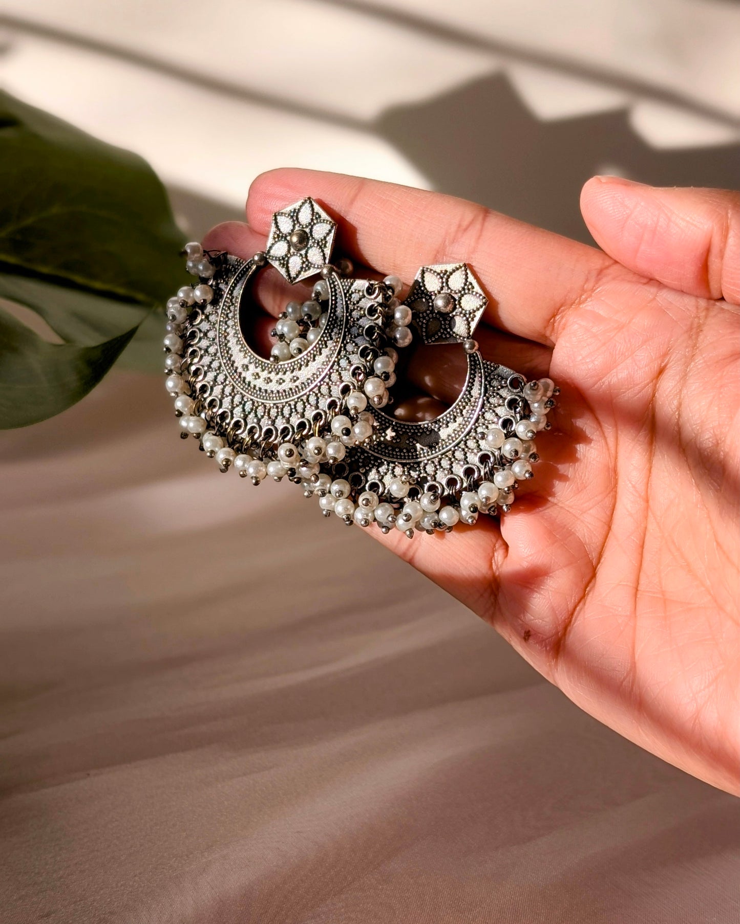Gurnoor Oxidized Silver Pearl Chandbali