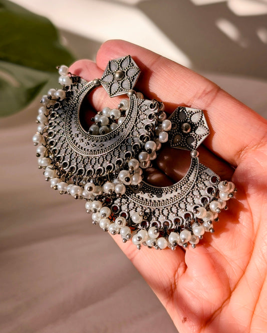 Gurnoor Oxidized Silver Pearl Chandbali