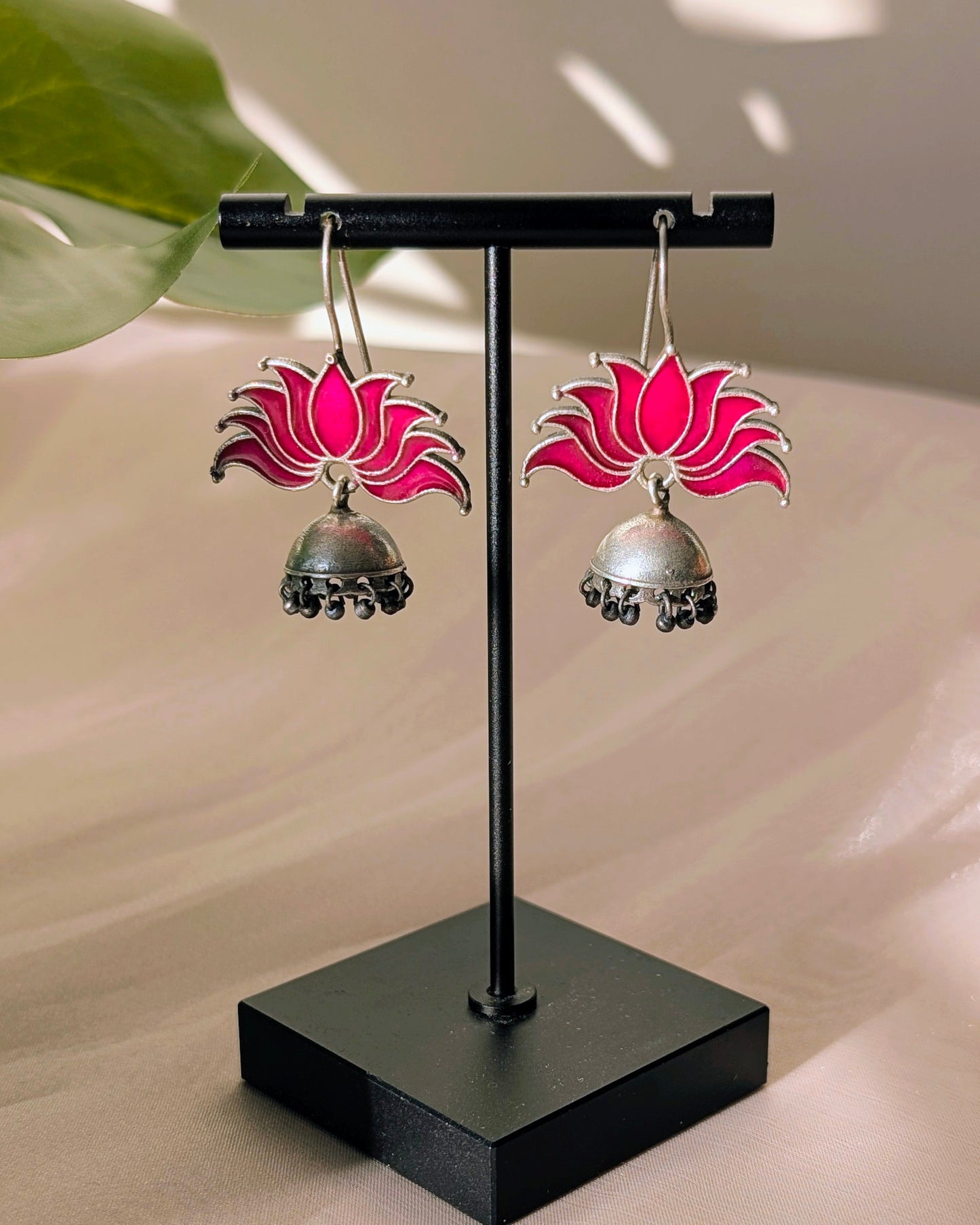Enamel Hand Painted Oxidized Silver Drop Lotus Jhumki - Pink