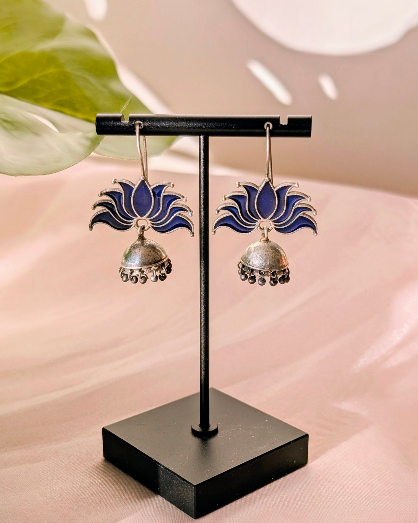 Enamel Hand Painted Oxidized Silver Drop Lotus Jhumki - Blue