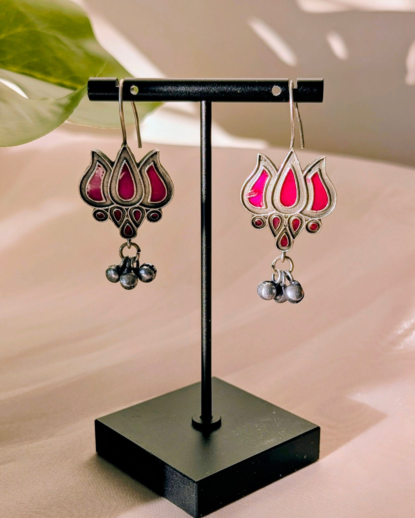 Enamel Hand Painted Oxidized Silver Drop Jhumki with Ghungroo