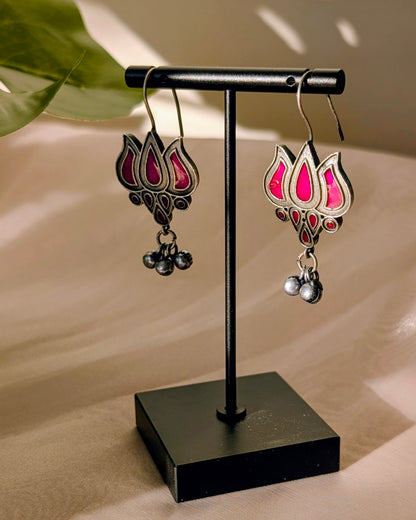 Enamel Hand Painted Oxidized Silver Drop Jhumki with Ghungroo