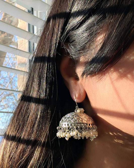 Neeti Oxidized Silver Jhumkas with Pearls