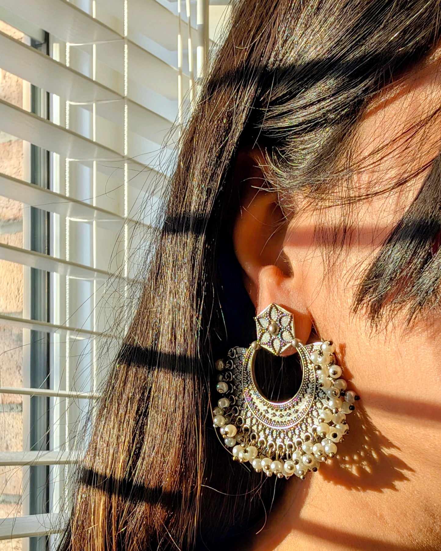 Gurnoor Oxidized Silver Pearl Chandbali