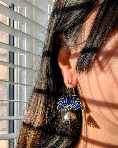 Enamel Hand Painted Oxidized Silver Drop Lotus Jhumki - Blue
