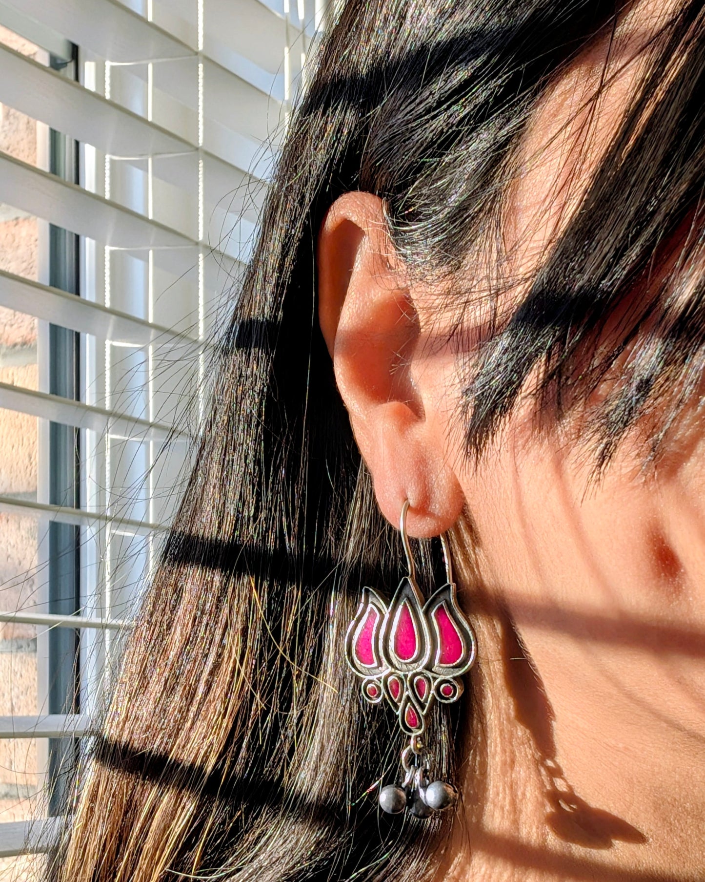 Enamel Hand Painted Oxidized Silver Drop Jhumki with Ghungroo