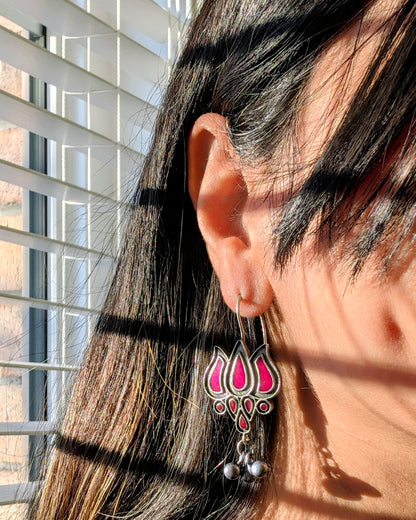 Enamel Hand Painted Oxidized Silver Drop Jhumki with Ghungroo