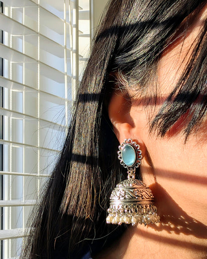 Oxidized Silver Mint Blue Jhumka