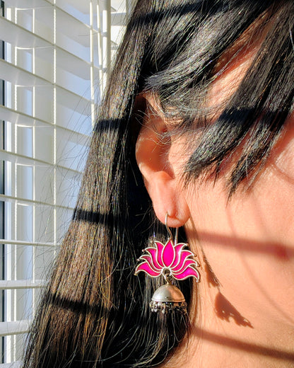 Enamel Hand Painted Oxidized Silver Drop Lotus Jhumki - Pink