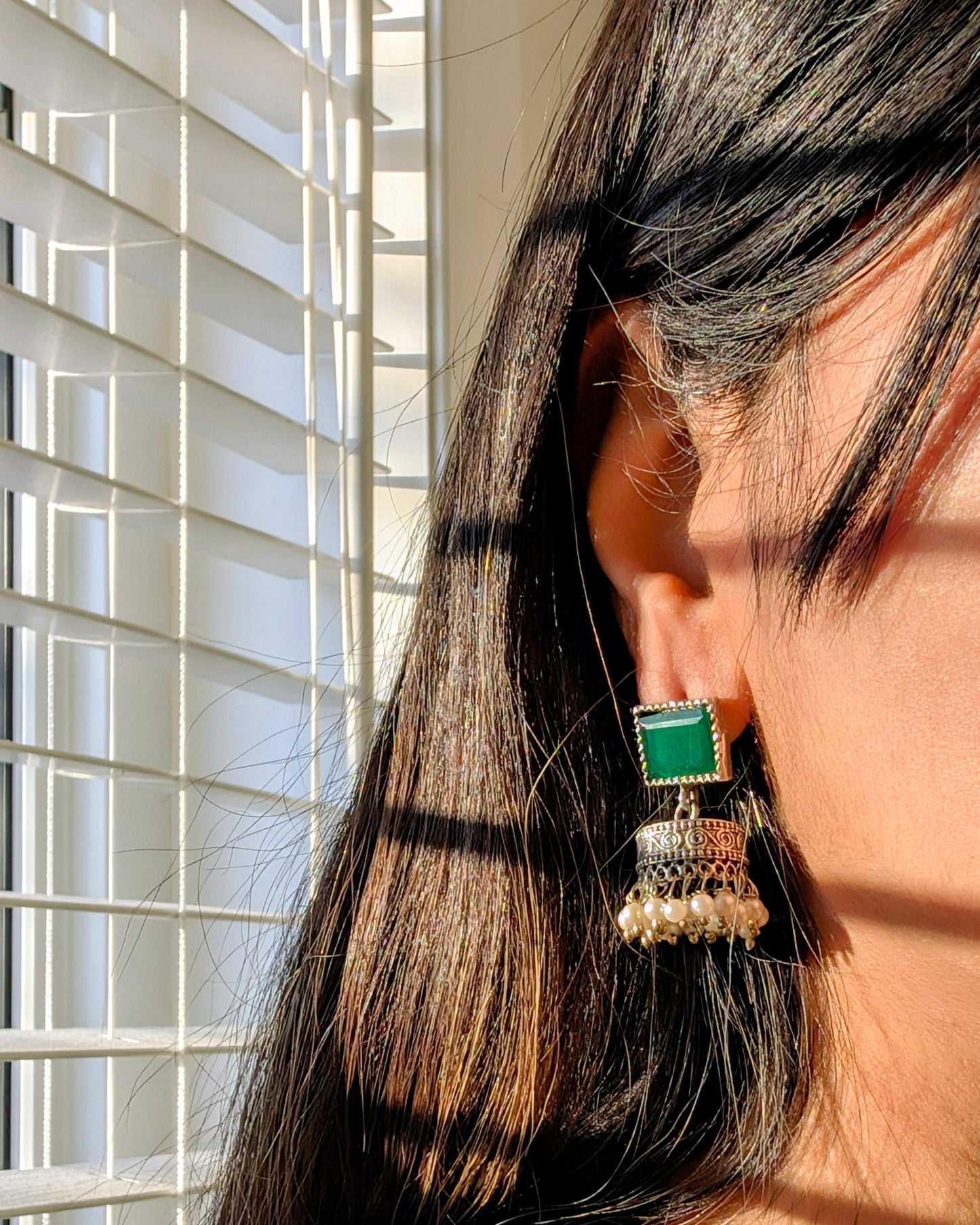 Cute Small Oxidized Silver Jhumka with Green Stone