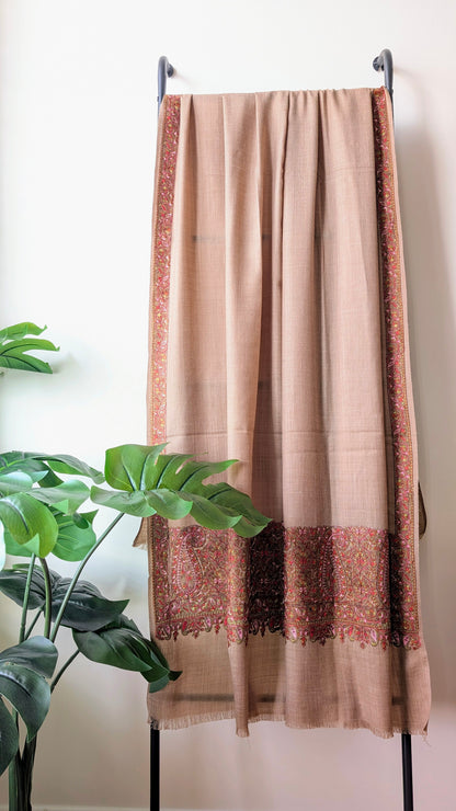 Unisex Woolen Hand Embroidered Woolen Shawl - Beige