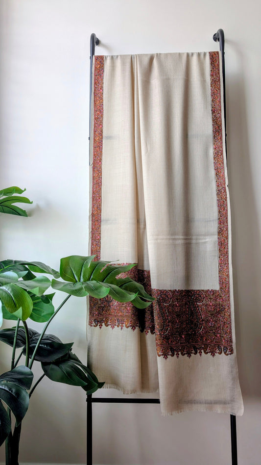 Unisex Woolen Hand Embroidered Woolen Shawl - Light Brown