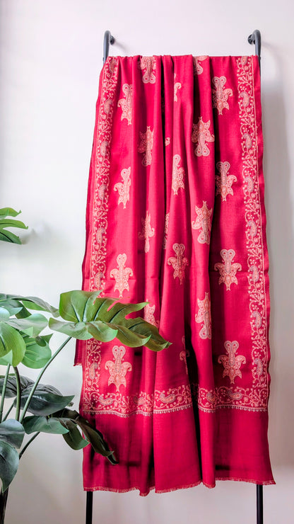 Unisex Semi Pashmina Thread Embroidery Shawl in Red