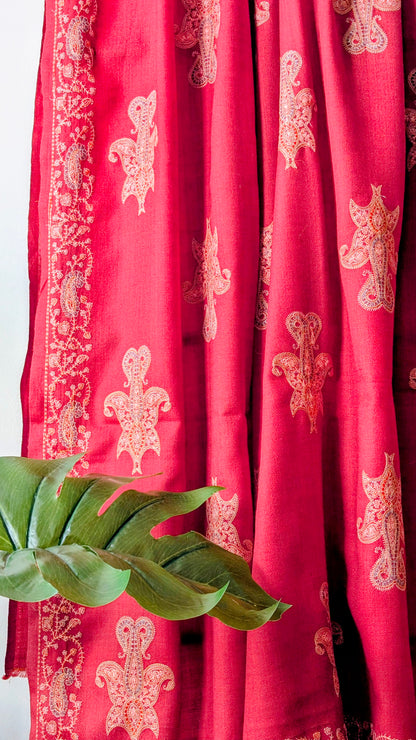 Unisex Semi Pashmina Thread Embroidery Shawl in Red